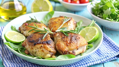 A delicious plate of baked chicken thighs served with fresh herbs, lime, and a side of vibrant salad on a sunny kitchen table