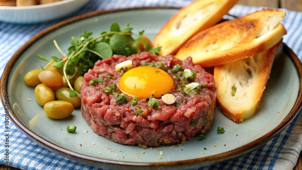 Delicious beef tartar served with fresh herbs, a raw egg yolk, and toasted bread on a rustic table Delicious beef tartar served with fresh herbs, a raw egg yolk, and toasted bread on a rustic table