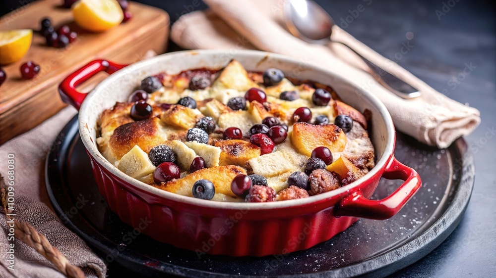 Delicious homemade bread pudding topped with berries, served fresh on a rustic wooden table in a cozy kitchen
Delicious homemade bread pudding topped with berries, served fresh on a rustic wooden table in a cozy kitchen