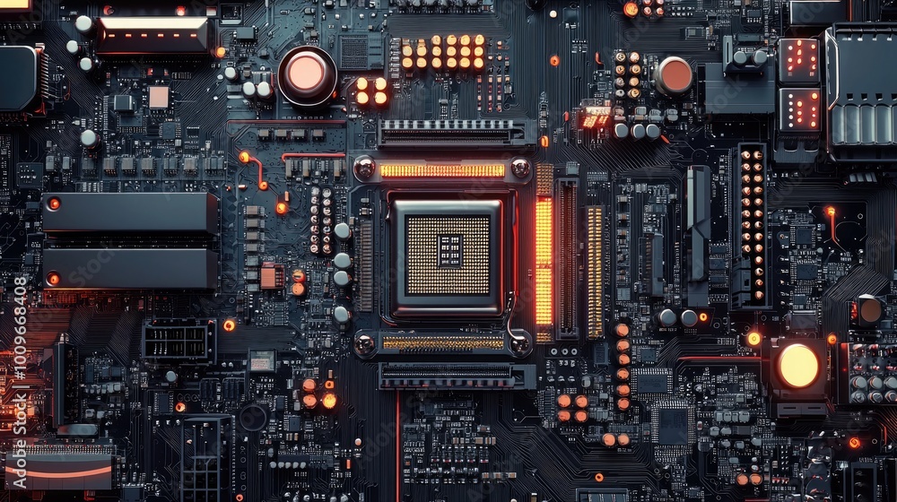 Close-up of a Computer Motherboard with Glowing Components Close-up of a Computer Motherboard with Glowing Components
