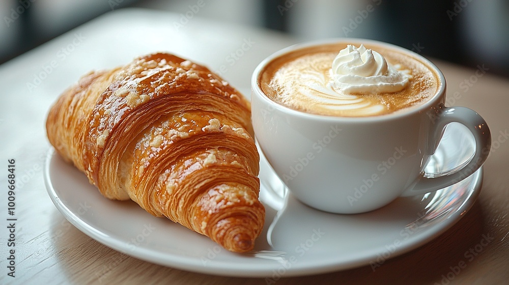 A cup of cappuccino and a croissant on a white saucer on a wooden table A cup of cappuccino and a croissant on a white saucer on a wooden table