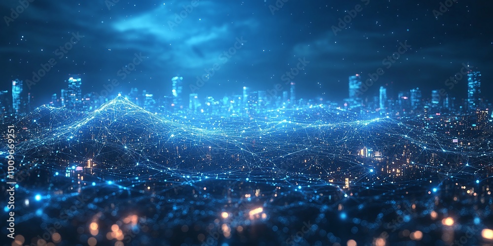 Fototapeta premium urban traffic in the city combined with abstract business graph waves and a cyber network grid on a blue technology background representing the connection between urban data flow and digital analysis