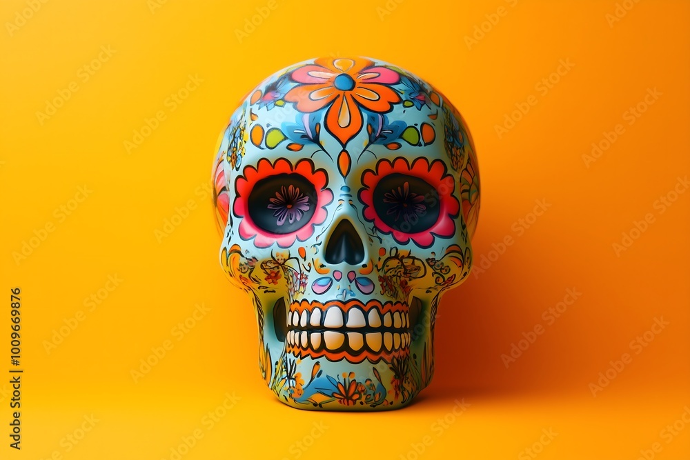 A colorful sugar skull isolated on a yellow background A colorful sugar skull isolated on a yellow background