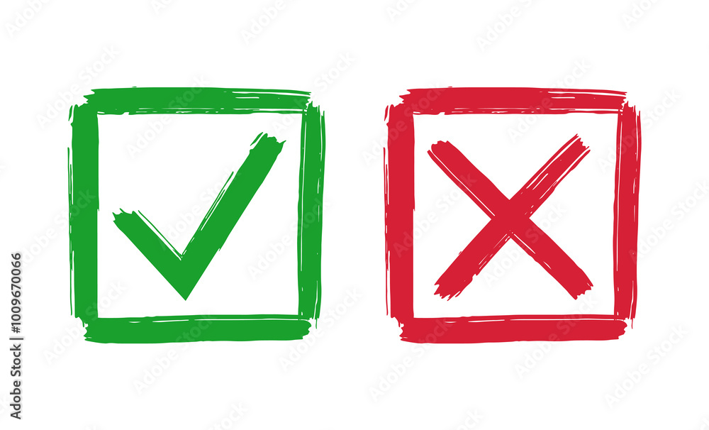 Grunge check mark and cross symbols. Hand drawn dry brush strokes checklist icons. Grunge check mark and cross symbols. Hand drawn dry brush strokes checklist icons.