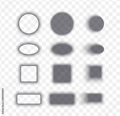 Transparent shadows of geometric shapes set. Different realistic soft gradient elements.