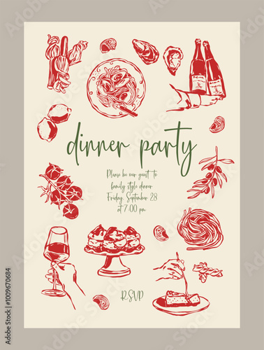 Elegant anniversary dinner menu template. Food and beverage doodles.