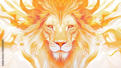 Leo zodiac sign in a radiant, golden lion motif with classic bold lines and fiery orange accents, displayed on a white background. This timeless design showcases leadership, pride, and courage.