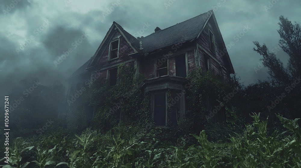 Overgrown abandoned house under a haunting sky Overgrown abandoned house under a haunting sky