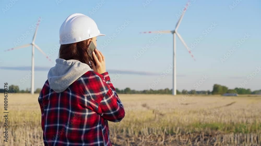 custom made wallpaper toronto digitalWoman engineer, wearing a white protective helmet, is talking on a smartphone in a field with wind turbines as the sun sets. Concept of clean energy and engineering audit