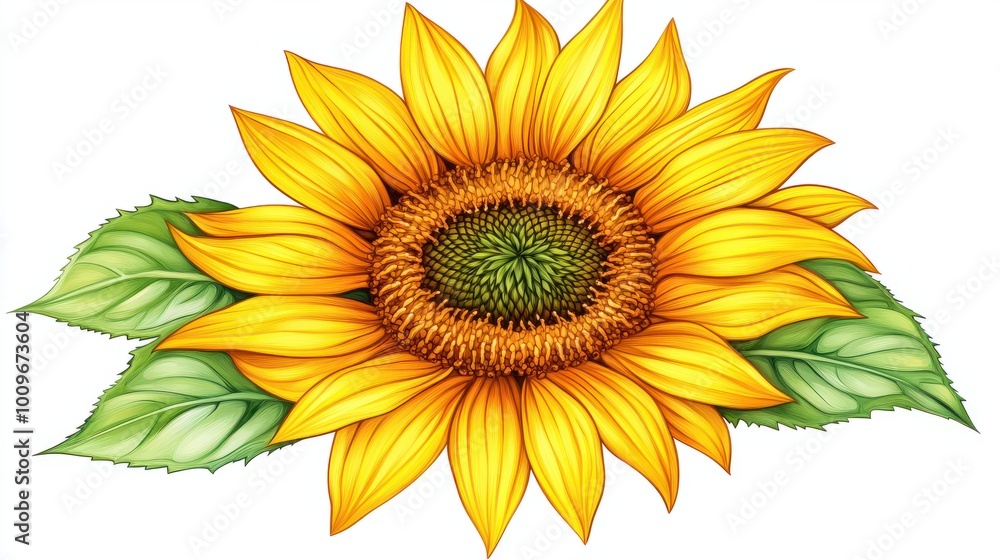 Fototapeta premium A bright sunflower, bold yellows and greens, detailed center isolated on white background ready to bring joy to any space , cartoon drawing, water color style