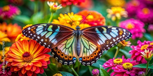 Enchanting Butterfly with Floral Wings Surrounded by Vibrant Flowers in a Lush Garden Setting