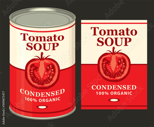 Vector illustration of label for condensed tomato soup with the image of a cut tomato and tin can with this label