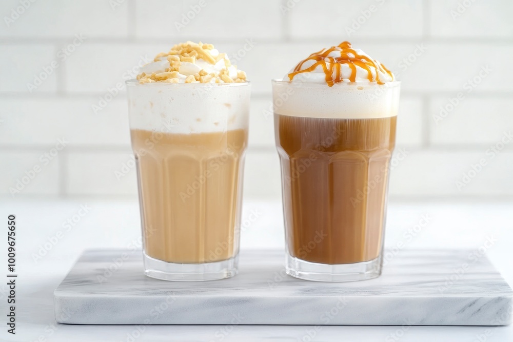 Iced coffee and caramel with cream in tall glasses on a marble board, against a white background Iced coffee and caramel with cream in tall glasses on a marble board, against a white background