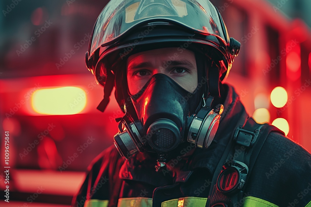 Firefighter with a focused and intense expression. Firefighter with a focused and intense expression.