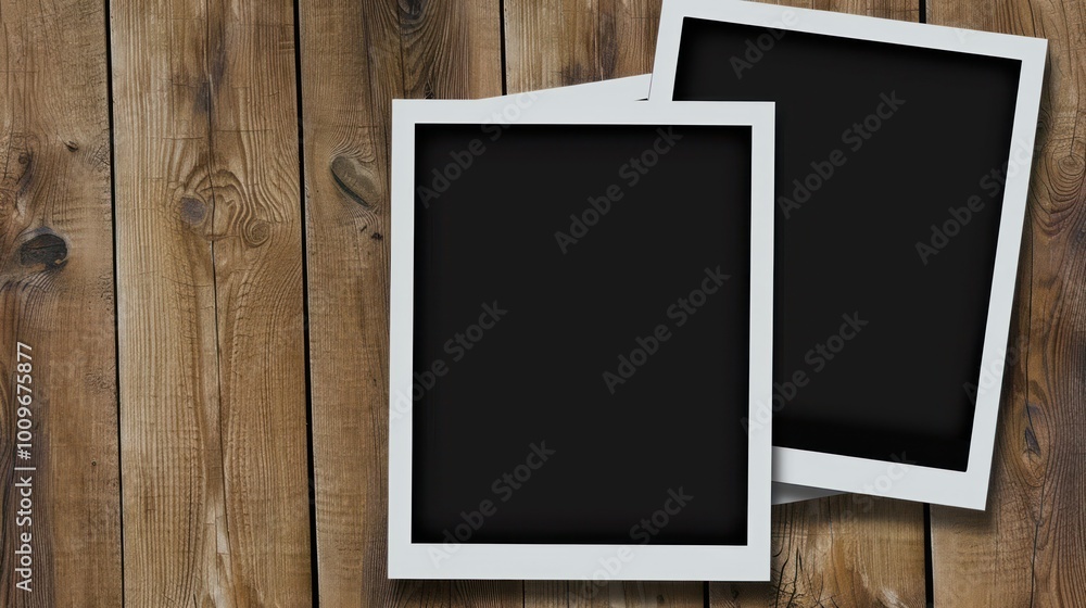 Two empty black photo frames placed on a wooden surface. Photography and memory concept for design and print. Two empty black photo frames placed on a wooden surface. Photography and memory concept for design and print.