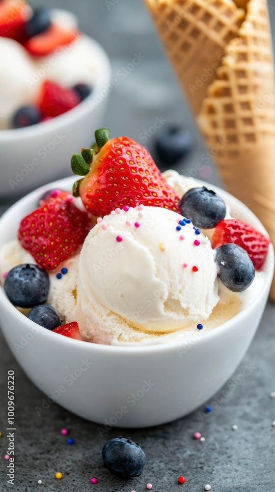 Food photography with a background of an empty waffle cone next to a white bowl of ice cream with strawberries and blueberries on top. Food photography with a background of an empty waffle cone next to a white bowl of ice cream with strawberries and blueberries on top.
