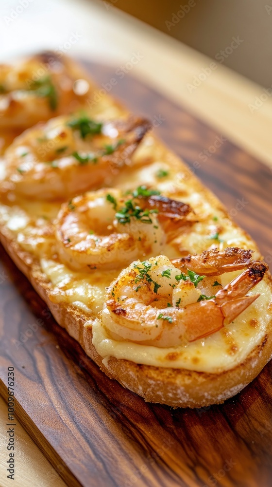 baked shrimp on a bread slice, arranged on a solid wood board, with cheese and tomato sauce on top baked shrimp on a bread slice, arranged on a solid wood board, with cheese and tomato sauce on top