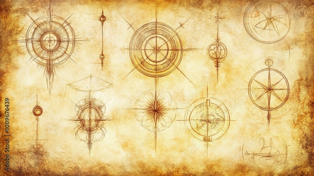 Fototapeta premium Vintage compass drawings on aged parchment texture background.