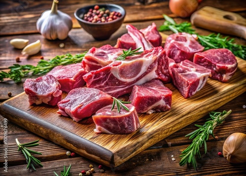 Fresh Raw Goat Meat Cuts on a Wooden Cutting Board Ready for Preparation and Cooking in Kitchen