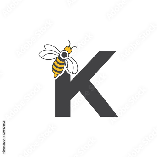 Initial letter K bee logo design. Honey bee with letter K on wings logo or icon vector bee design illustration concept .