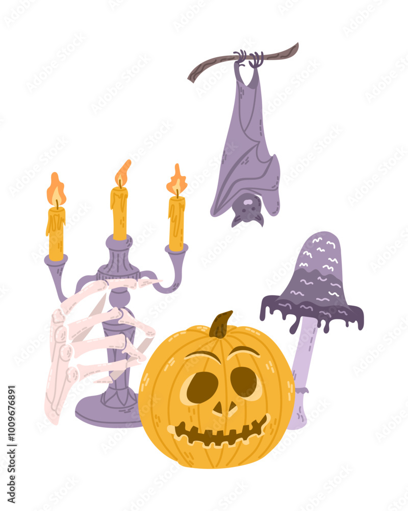 Halloween spooky clipart with hand drawn related elements. Jack o lantern, hand with bones, candles and bat. Cute design for Halloween isolated on white background Halloween spooky clipart with hand drawn related elements. Jack o lantern, hand with bones, candles and bat. Cute design for Halloween isolated on white background