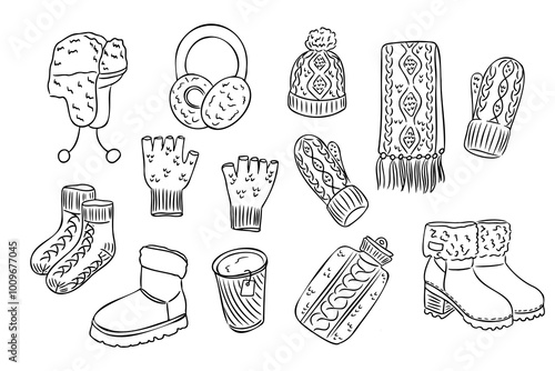 Doodle hand drawn set of warm winter accessories. Hats, gloves, boots, scarf and hot water bottle isolated on white background. Clothing design for winter season for coloring pages, stickers