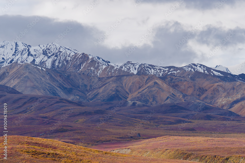 View of the amazing mountain tops and beautiful scenery in autumn colors of Denali National Park, Alaska, USA View of the amazing mountain tops and beautiful scenery in autumn colors of Denali National Park, Alaska, USA