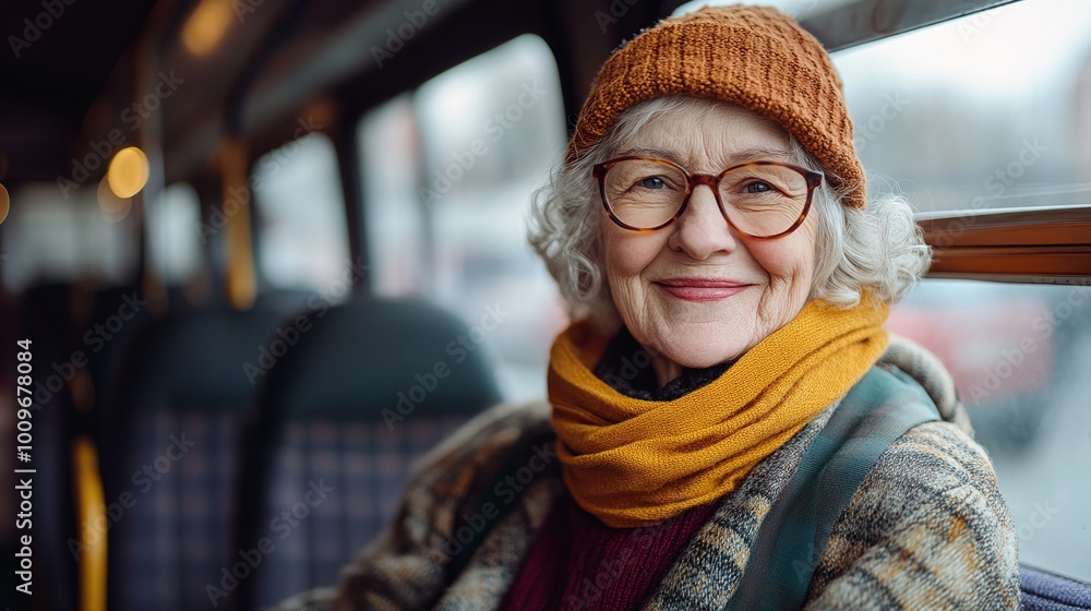 a joyful senior citizen on a travel adventure comfortably seated in a tourist bus with a smiling portrait capturing the essence of relaxed sightseeing and retirement tourism a joyful senior citizen on a travel adventure comfortably seated in a tourist bus with a smiling portrait capturing the essence of relaxed sightseeing and retirement tourism