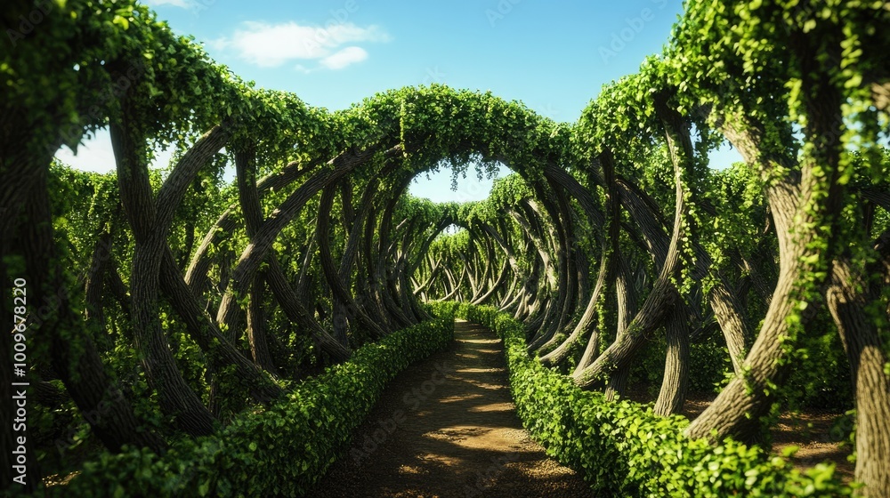 Fototapeta premium A winding path through a dense, arching forest of trees