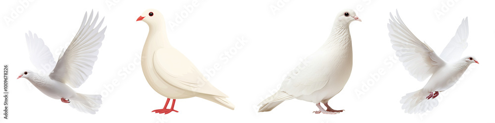 Four white doves are depicted, two in flight and two standing, set against a dark background. Four white doves are depicted, two in flight and two standing, set against a dark background.