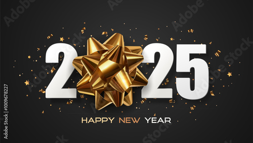 Happy New Year 2025, golden ribbon bow with white numbers on a dark gray background. Golden confetti. Holiday banner, calendar and poster