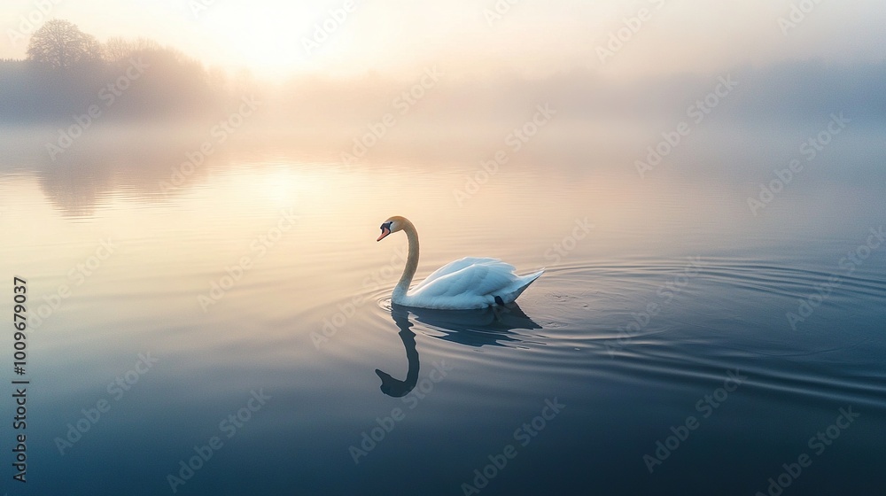 Fototapeta premium Swan atop foggy lake with golden rays