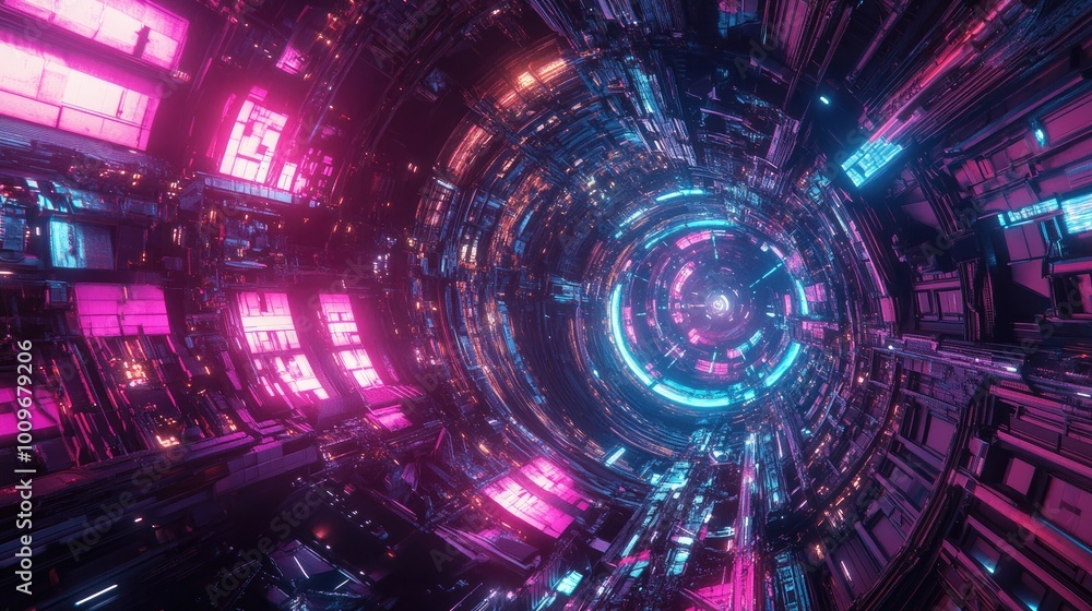 Obraz premium Futuristic Cyberpunk Cityscape with Pink and Blue Neon Lights