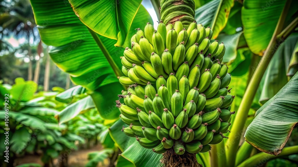 Fototapeta premium Lush green plantain tree with vibrant leaves and ripe fruit against a clear blue sky backdrop
