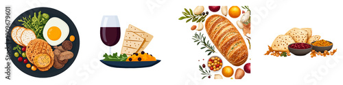 A vibrant array of delicious food items, including a breakfast plate, wine, bread, and colorful fruits arranged on dark plates.