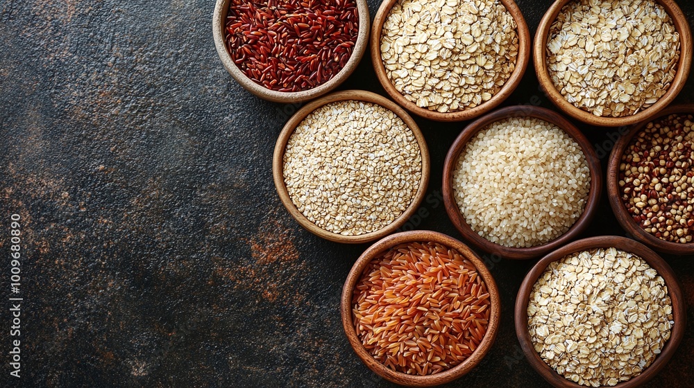 nutritious whole grains including quinoa oats brown rice and barley arranged in bowls representing a balanced diet for a healthy lifestyle emphasizing the importance of natural and organic foods nutritious whole grains including quinoa oats brown rice and barley arranged in bowls representing a balanced diet for a healthy lifestyle emphasizing the importance of natural and organic foods