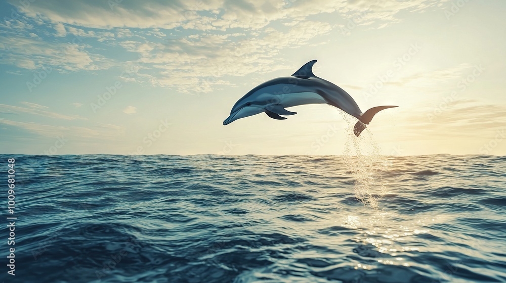 A dolphin leaps from water beneath a bright sun and cloudy sky above the sea A dolphin leaps from water beneath a bright sun and cloudy sky above the sea