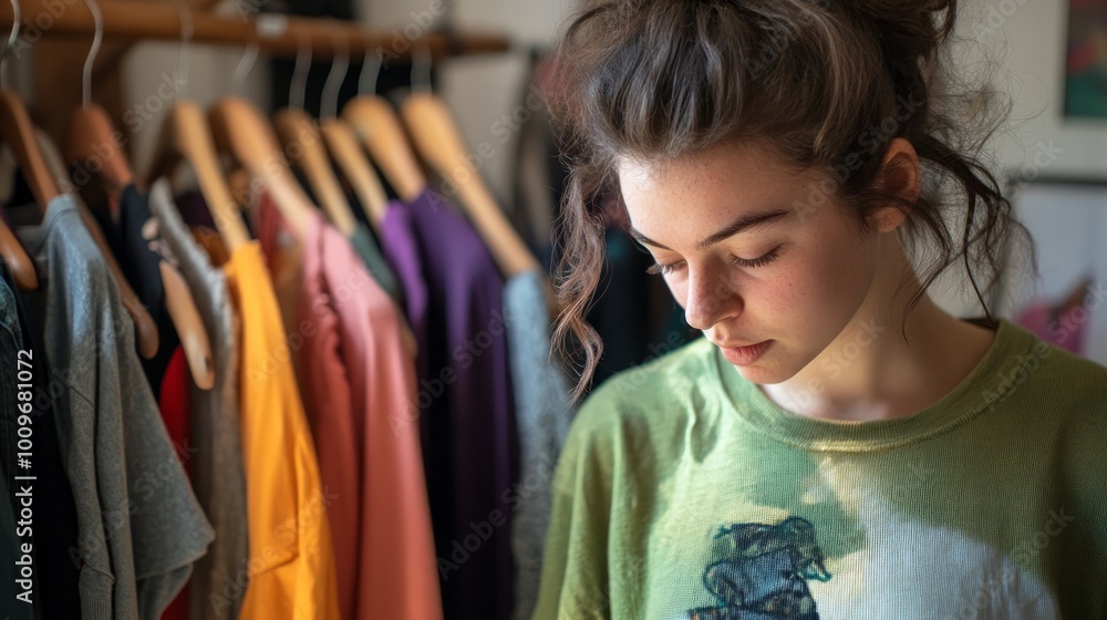 A young woman is organizing her wardrobe, thoughtfully examining clothes to possibly put up for sale. she is looking down, fully engaged in her task A young woman is organizing her wardrobe, thoughtfully examining clothes to possibly put up for sale. she is looking down, fully engaged in her task