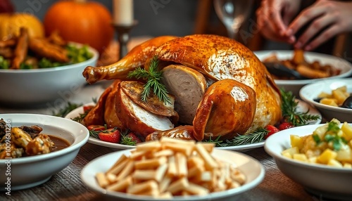 Close up of roasted stuffed turkey on Thanksgiving day, stuffed turkey with side dishes for celebration, Happy Thanksgiving day concept, Traditional dish, festive season, created with generative ai