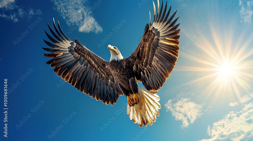 Obraz premium A bald eagle flying against a blue backdrop, with the sun above and cloudy skies surrounding it