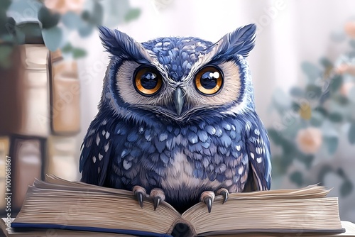 a blue owl with white spots sitting on a book.  photo