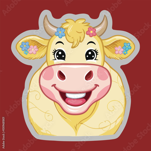 A happy cartoon baby cow with flowers on vector 