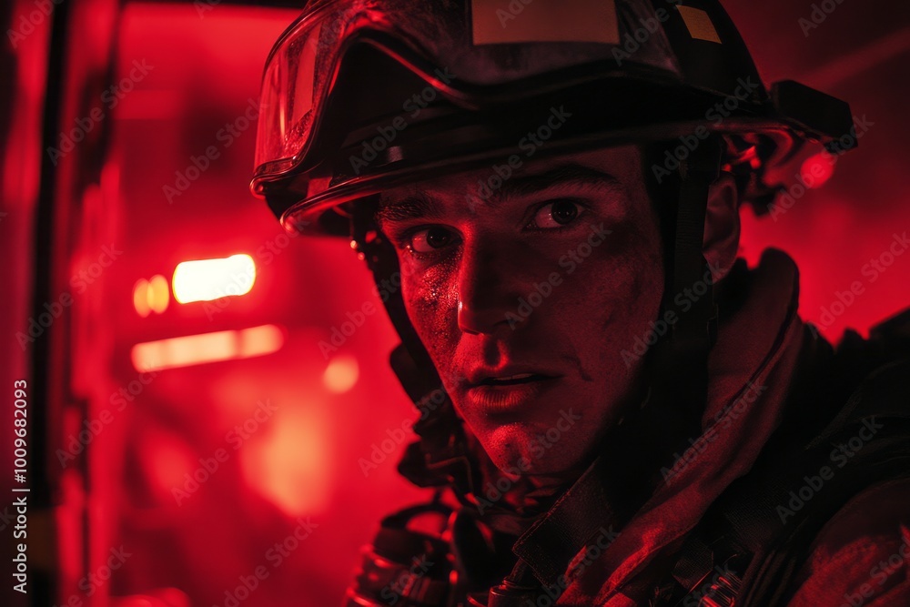 Firefighter with a focused and intense expression. Firefighter with a focused and intense expression.