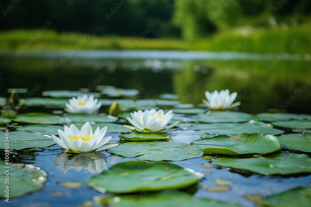 White Water Lilies Blooming on Peaceful Pond for Serene Nature and Tranquil Outdoor Scenery White Water Lilies Blooming on Peaceful Pond for Serene Nature and Tranquil Outdoor Scenery
