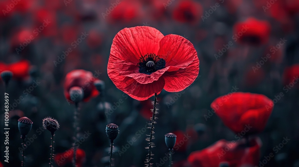 Obraz premium a solitary red flower, framed by green foliage and surrounded by a black circle, stands out against the backdrop of other colorful blooms