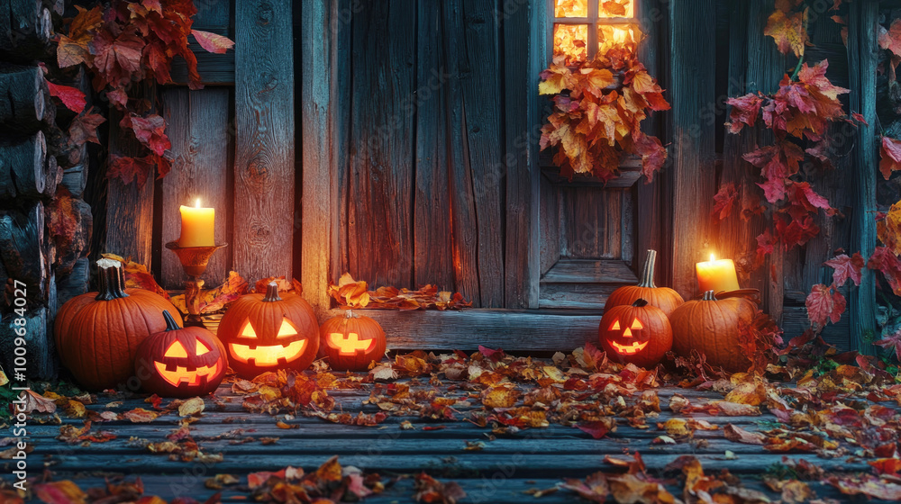 Obraz premium Carved pumpkins with candles on a wooden porch, surrounded by autumn leaves and a cozy warm glow from the window, creating a classic Halloween atmosphere..