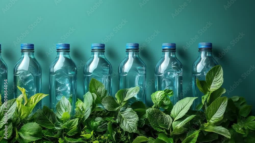 Plastic water bottles with green leaves promoting sustainable hydration, recycling, sustainability and zero-waste lifestyle Plastic water bottles with green leaves promoting sustainable hydration, recycling, sustainability and zero-waste lifestyle