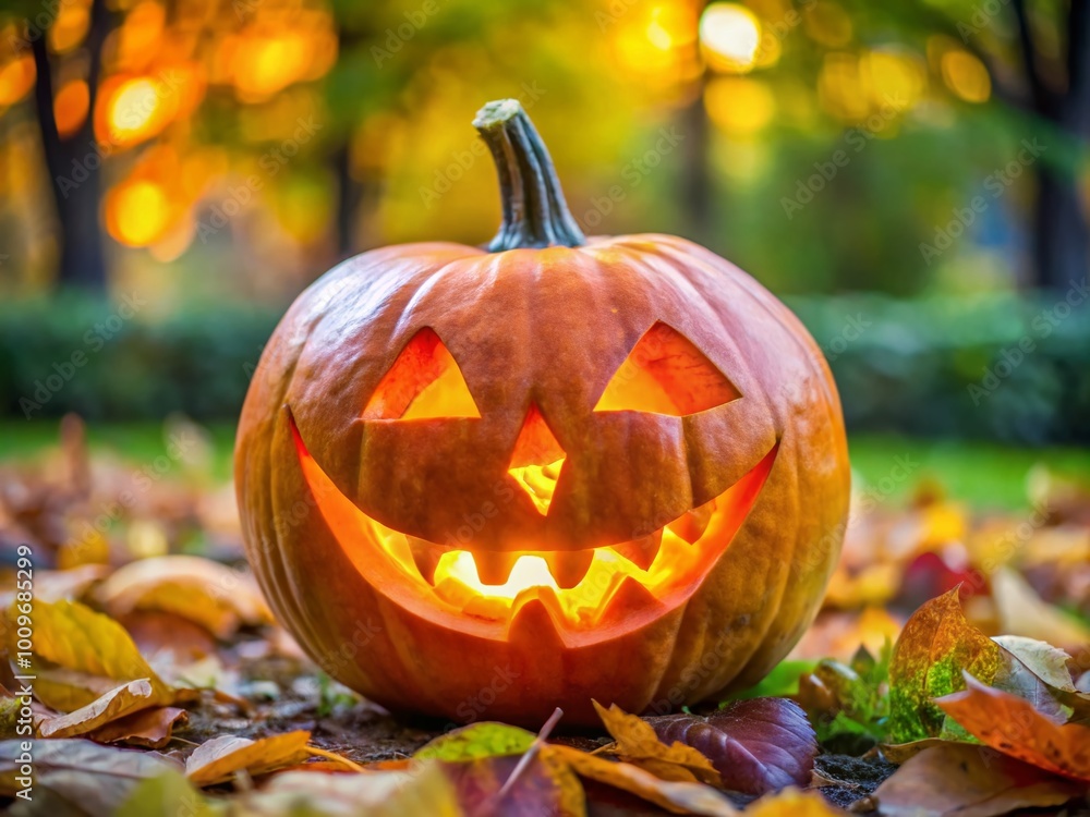 Spooky Halloween Pumpkin with a Mischievous Face Carved for a Festive Autumn Celebration Scene Spooky Halloween Pumpkin with a Mischievous Face Carved for a Festive Autumn Celebration Scene