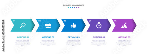 Horizontal progress bar featuring 5 arrow-shaped elements, symbolizing the five stages of business strategy and progression. Clean timeline infographic design template. Vector for presentation