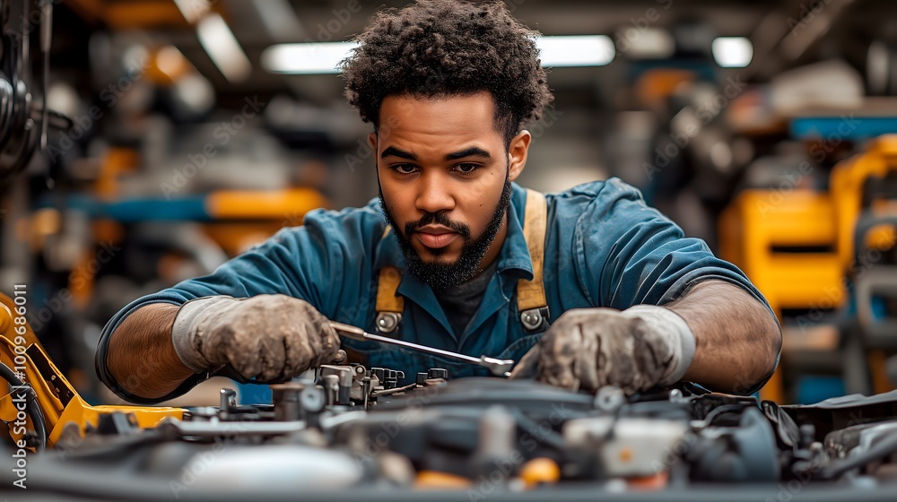 mechanic working diligently on a car in a busy garage. The mechanic is wearing a grease-stained uniform, with tools in hand, focused on fixing mechanic working diligently on a car in a busy garage. The mechanic is wearing a grease-stained uniform, with tools in hand, focused on fixing